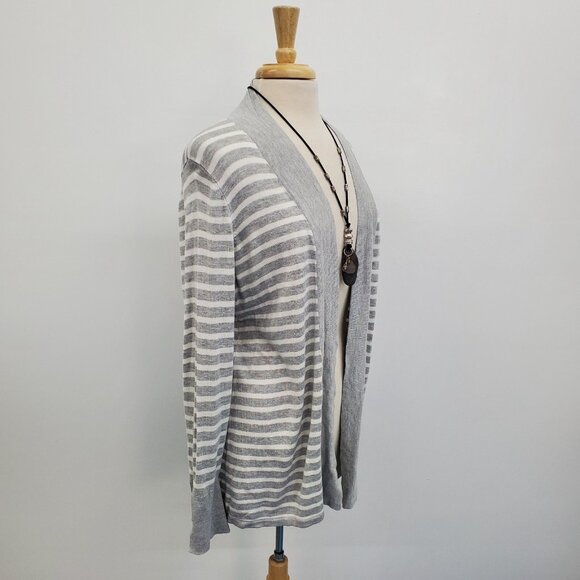 White House Black Market XL Gray White Striped Open Front Cardigan Rayon Sweater - Picture 3 of 16